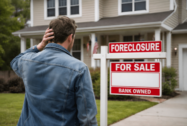 Man looking stressed at foreclosure sign Man stressed looking at the sale post of his house that says for sale with foreclosure on top.