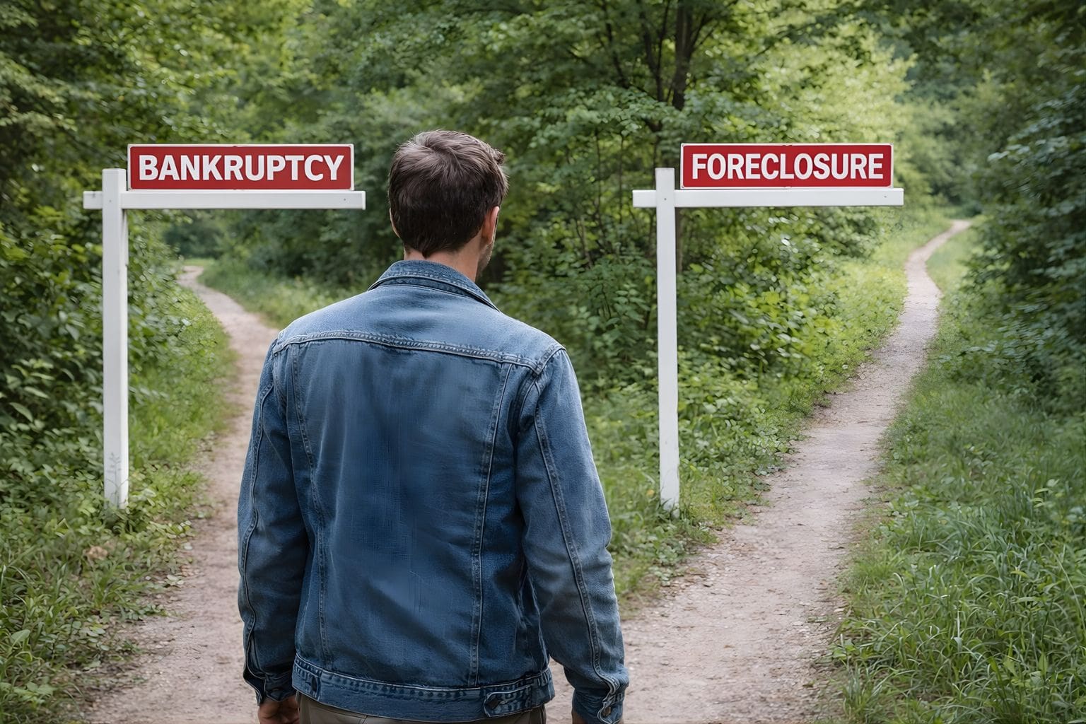 man looking at signs for bankruptcy foreclosure