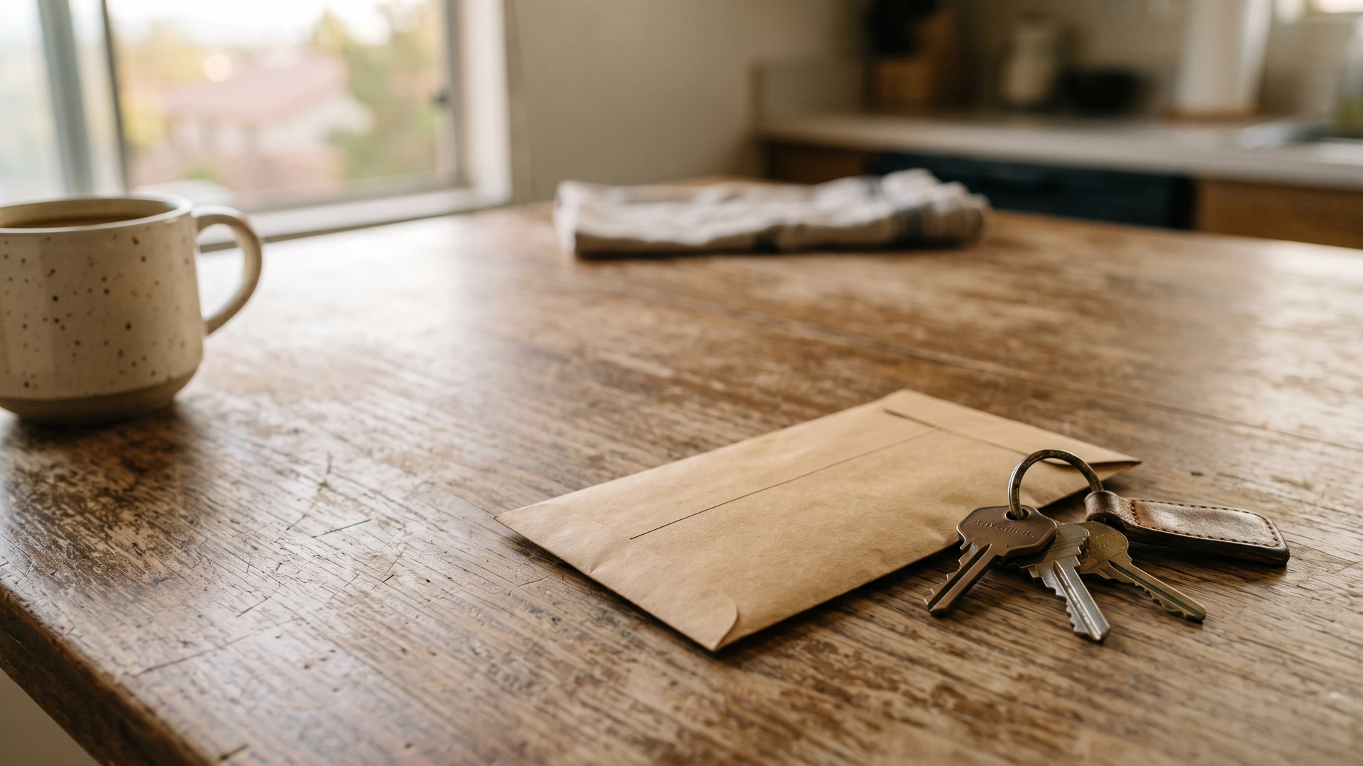 A paycheck envelope beside house keys on a kitchen table in Las Vegas, the wages Chapter 13 can protect from garnishment