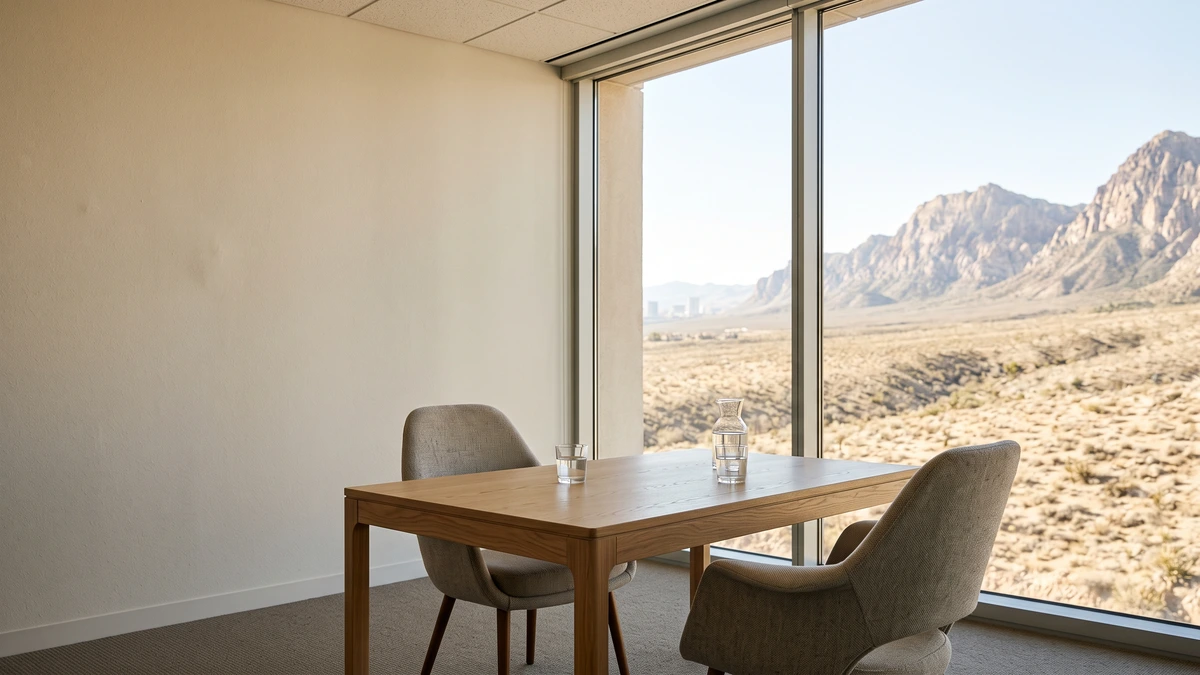 A consultation table and two chairs by a window facing desert mountains, where a Las Vegas bankruptcy attorney meets clients