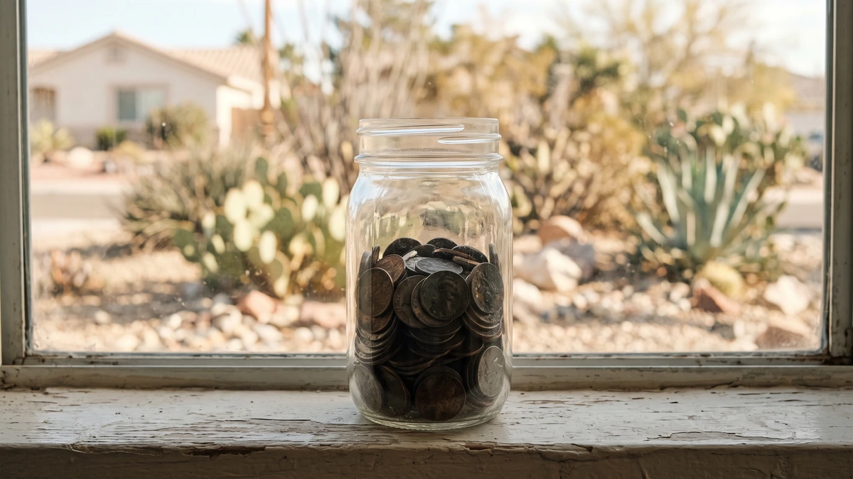 A glass jar of coins on a windowsill in morning sun, steady Chapter 13 plan payments replacing a wage garnishment