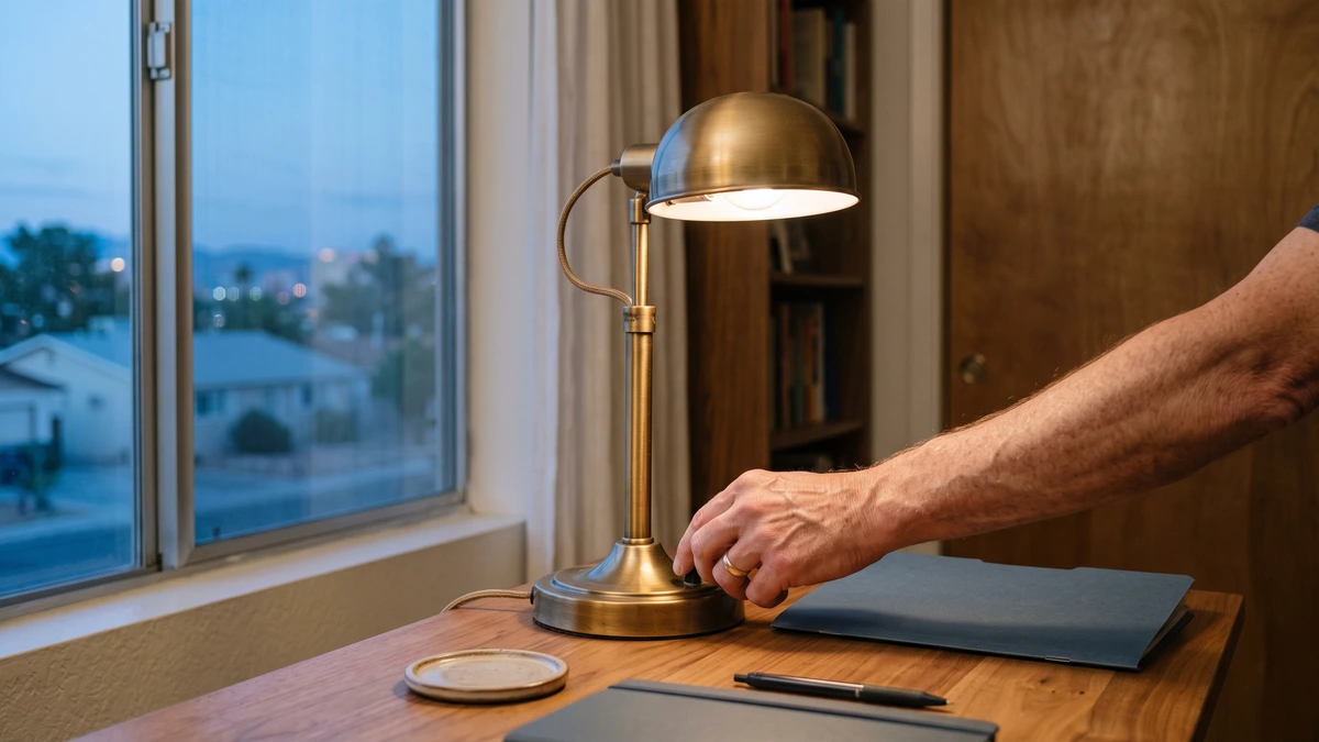 A hand turning off a desk lamp in a quiet home office, the automatic stay taking effect when a Chapter 13 case is filed