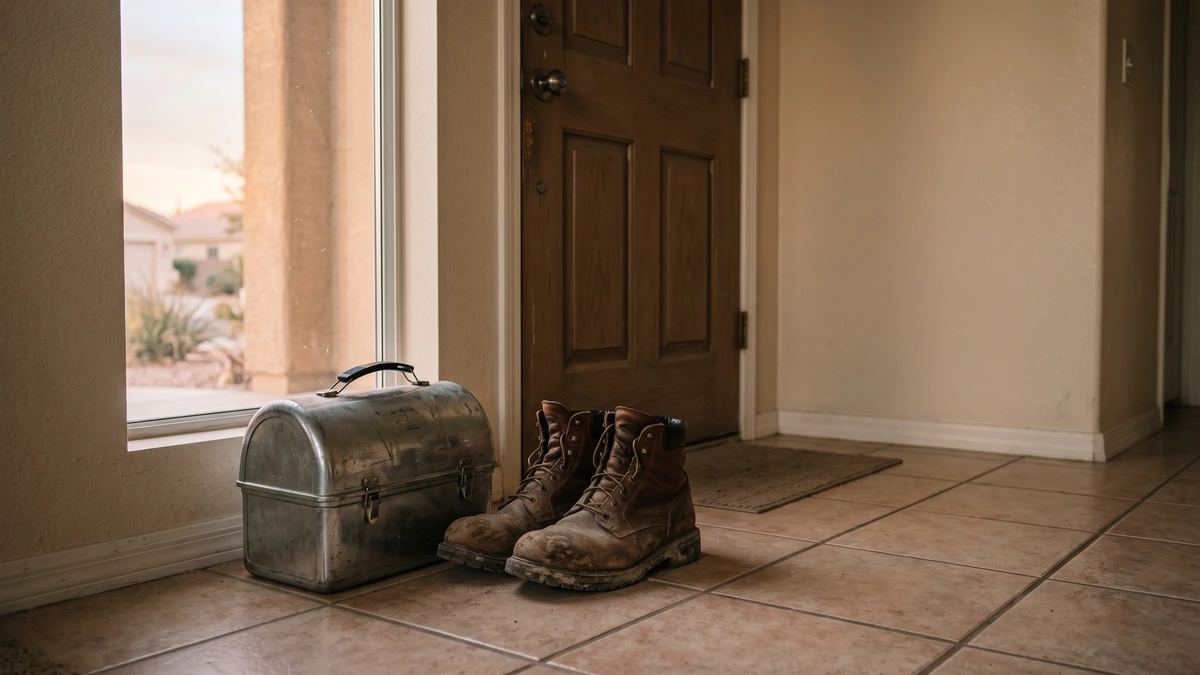 A lunch pail and work boots by a front door at dawn, before a Las Vegas shift with wages under garnishment