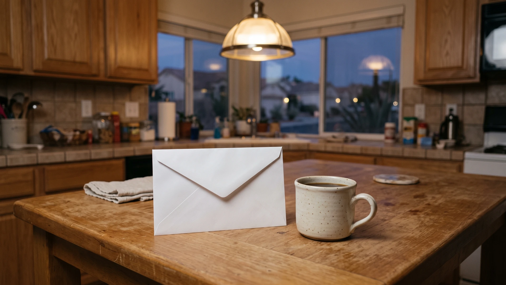 A mug and a closed envelope on a kitchen table at dusk, a Chapter 13 plan payment that feels too high