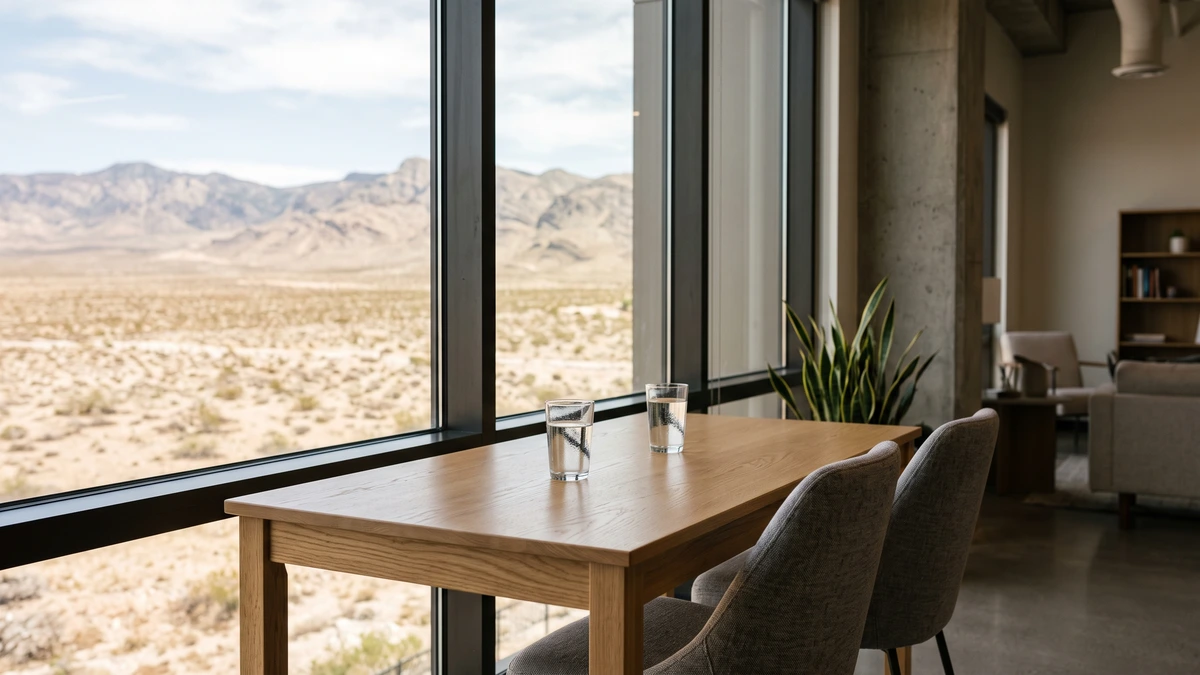 A consultation table and two chairs facing desert mountains, where a Las Vegas attorney reviews a Chapter 13 plan