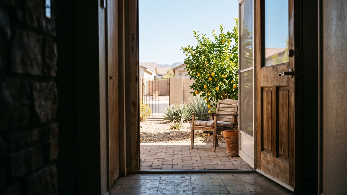 A back door open onto a small sunlit yard, the relief of a hardship discharge or a new start in Chapter 7