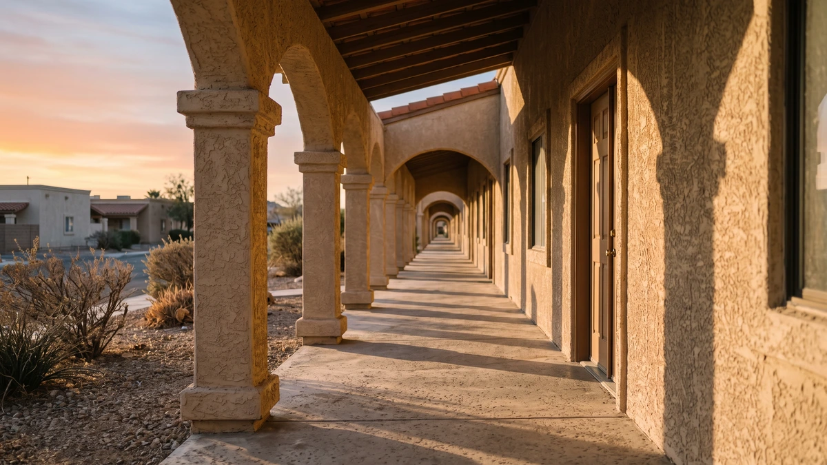 A long covered walkway with evenly spaced columns at sunset, the three to five year length of a Chapter 13 repayment plan