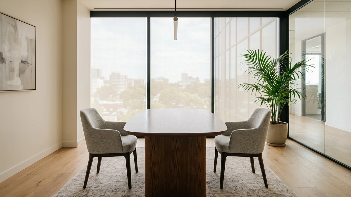 Empty mediation table with two facing chairs ready for a Nevada foreclosure mediation session