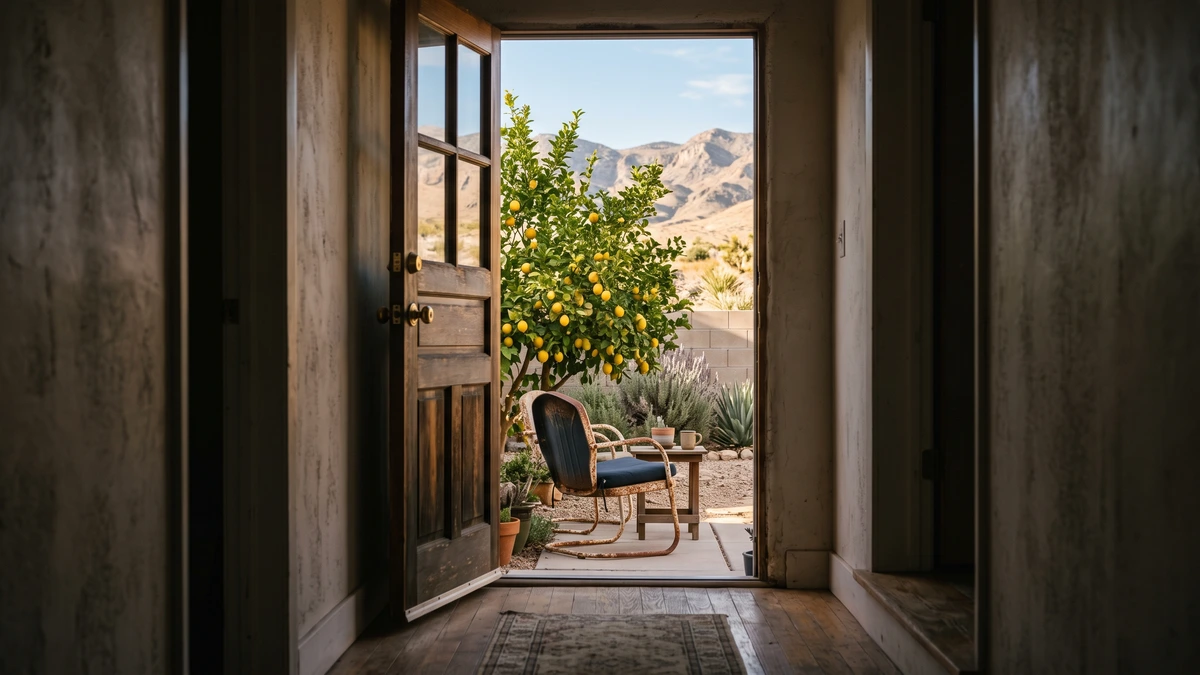 An open back door onto a sunlit yard with a lemon tree, reaching the discharge at the end of a Chapter 13 plan