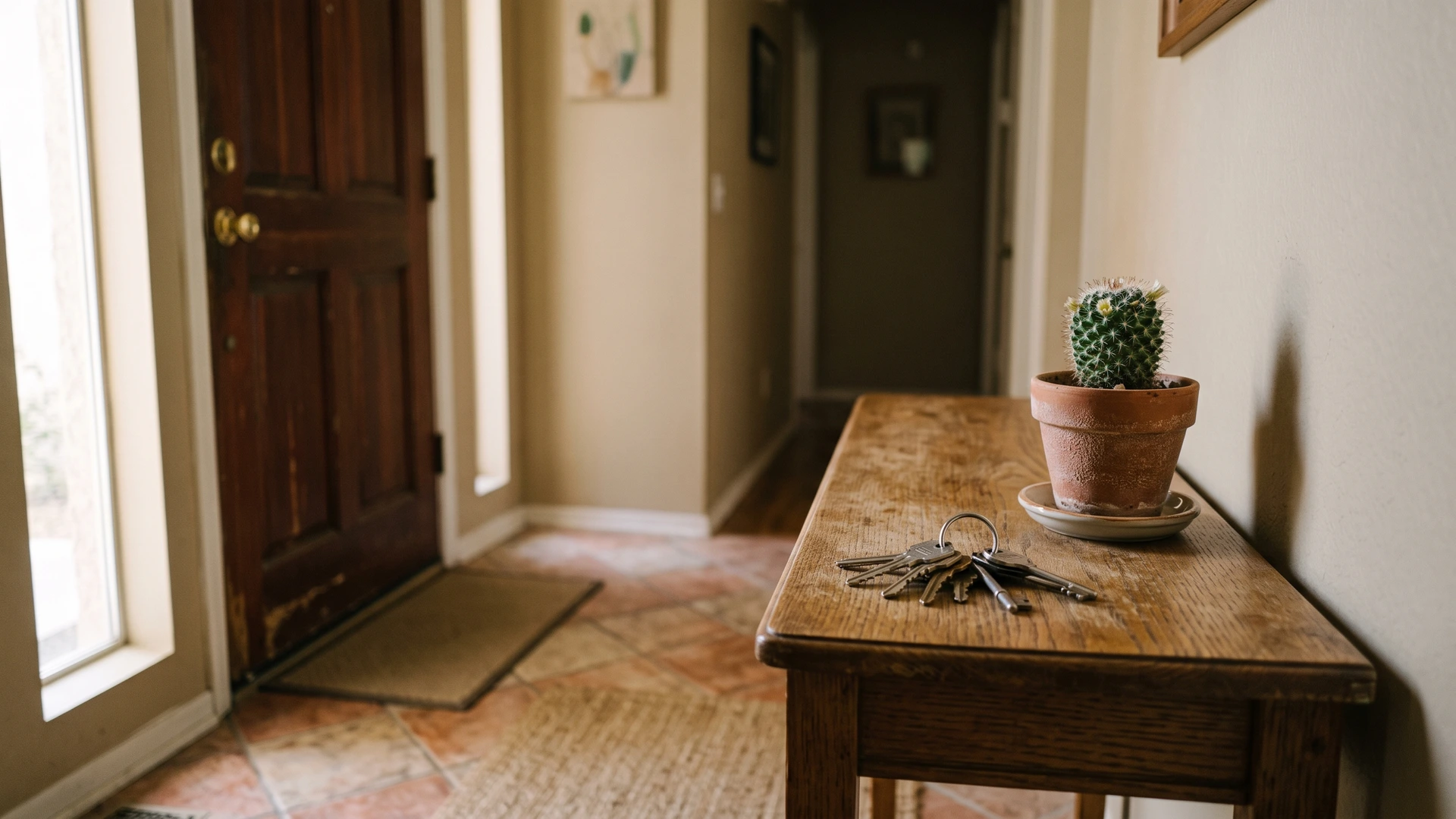 House keys and a small potted cactus on a hallway table, how Chapter 13 bankruptcy works to keep your home