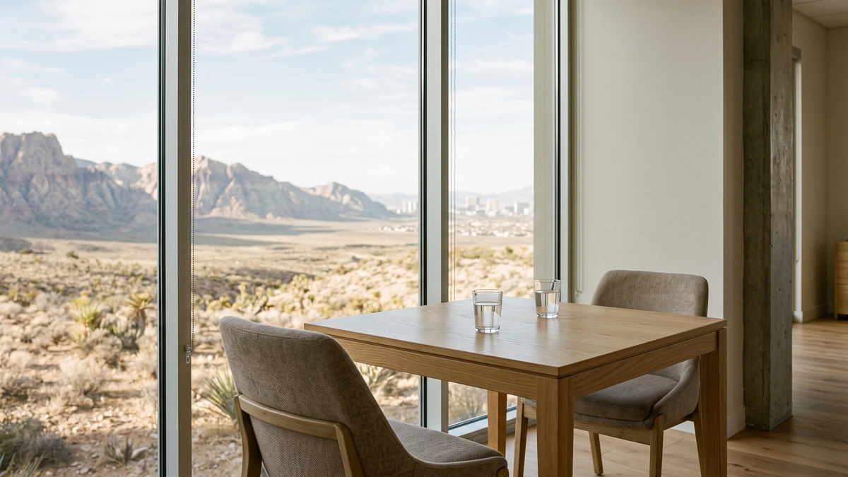 A consultation table and two chairs facing desert mountains, where a Las Vegas Chapter 13 attorney meets families