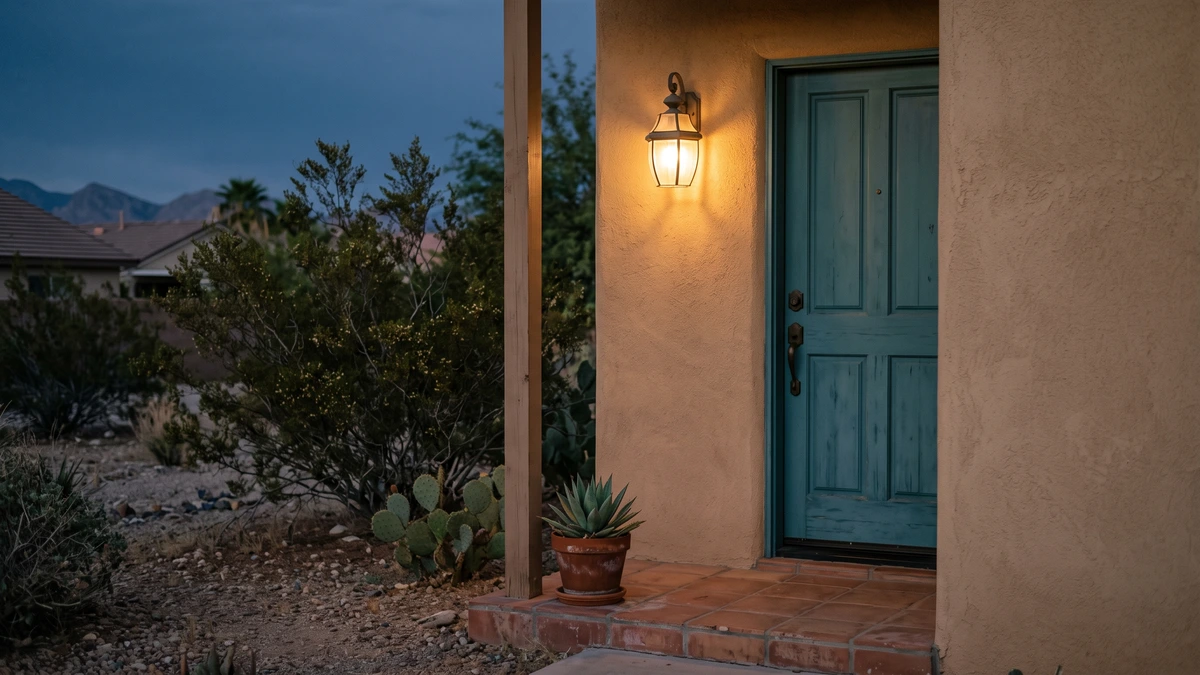A porch light beside a front door at dusk, the home at stake while a Chapter 13 repayment plan runs