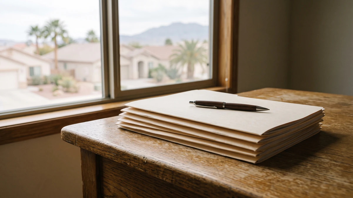 A tidy stack of blank folders beside a pen on an oak desk, the schedules that start a Chapter 13 case