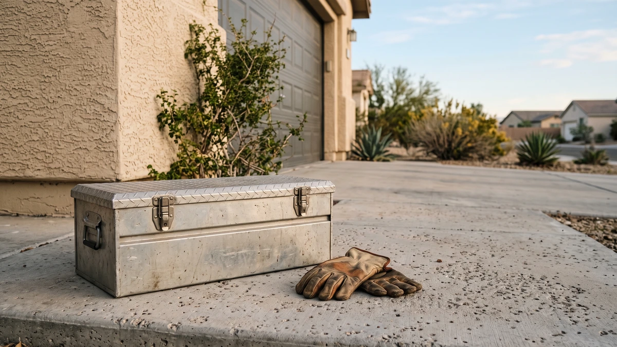 A pickup truck toolbox and work gloves on a driveway, a self-employed Nevadan filing Chapter 13