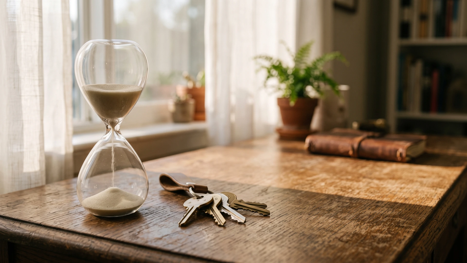 An hourglass beside house keys on a wooden desk, marking how long Chapter 13 bankruptcy takes in Nevada