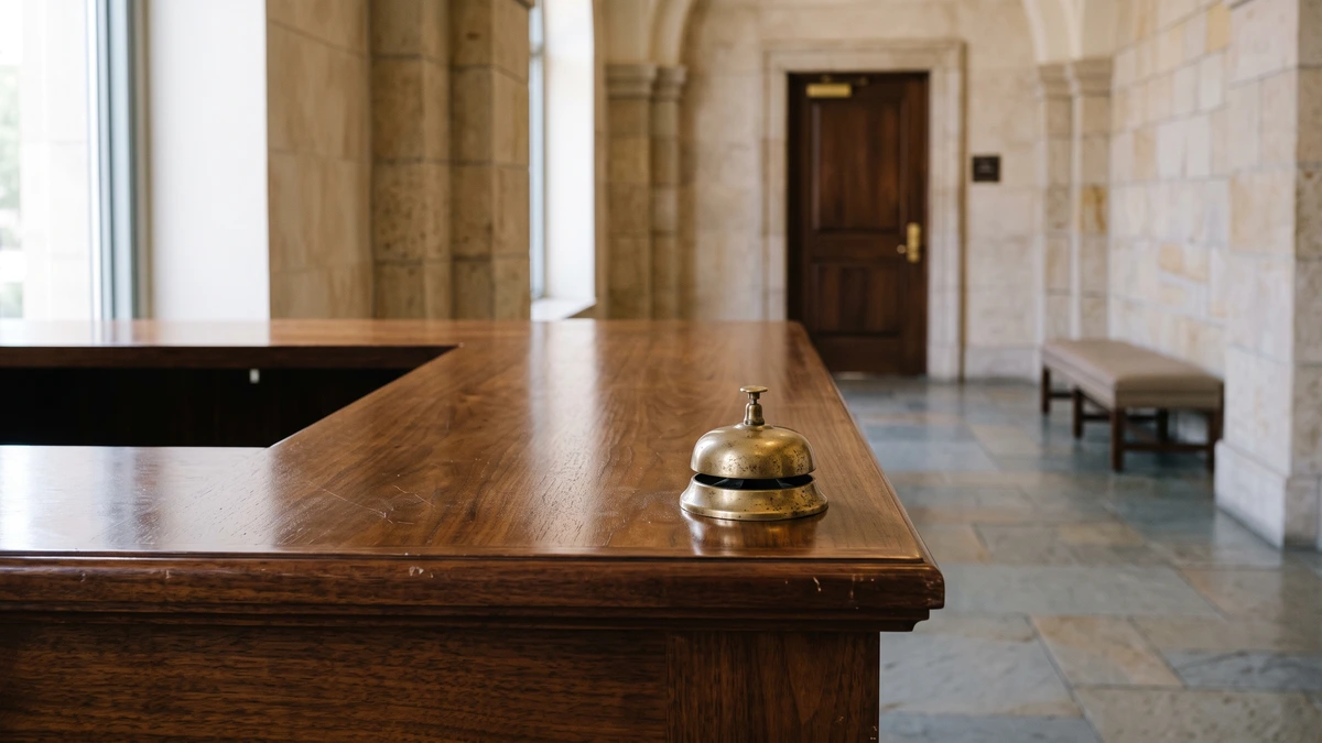 An empty service counter with a small brass bell in a quiet civic hall, where court staff cannot give legal advice