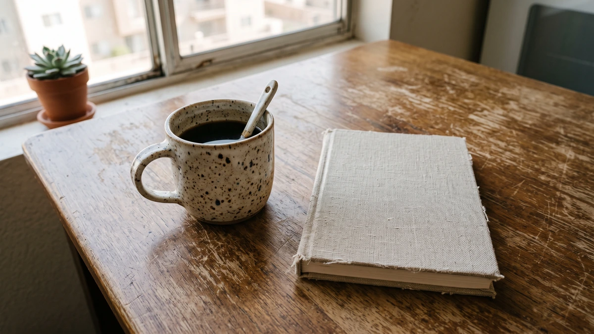 A ceramic mug and a closed notebook on a kitchen table, the questions people ask about filing Chapter 13 without a lawyer