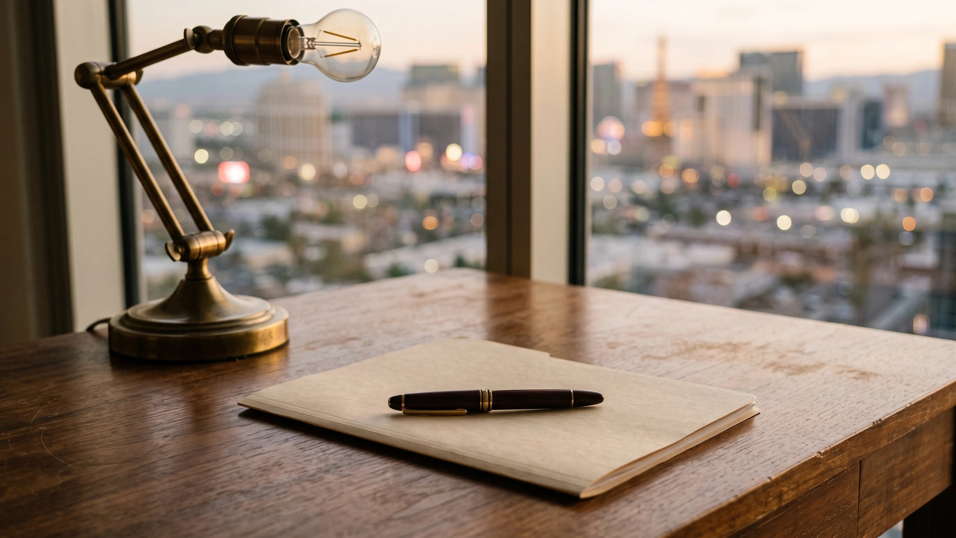 A pen resting on a closed folder beside a desk lamp, deciding whether you need a lawyer to file Chapter 13 in Nevada
