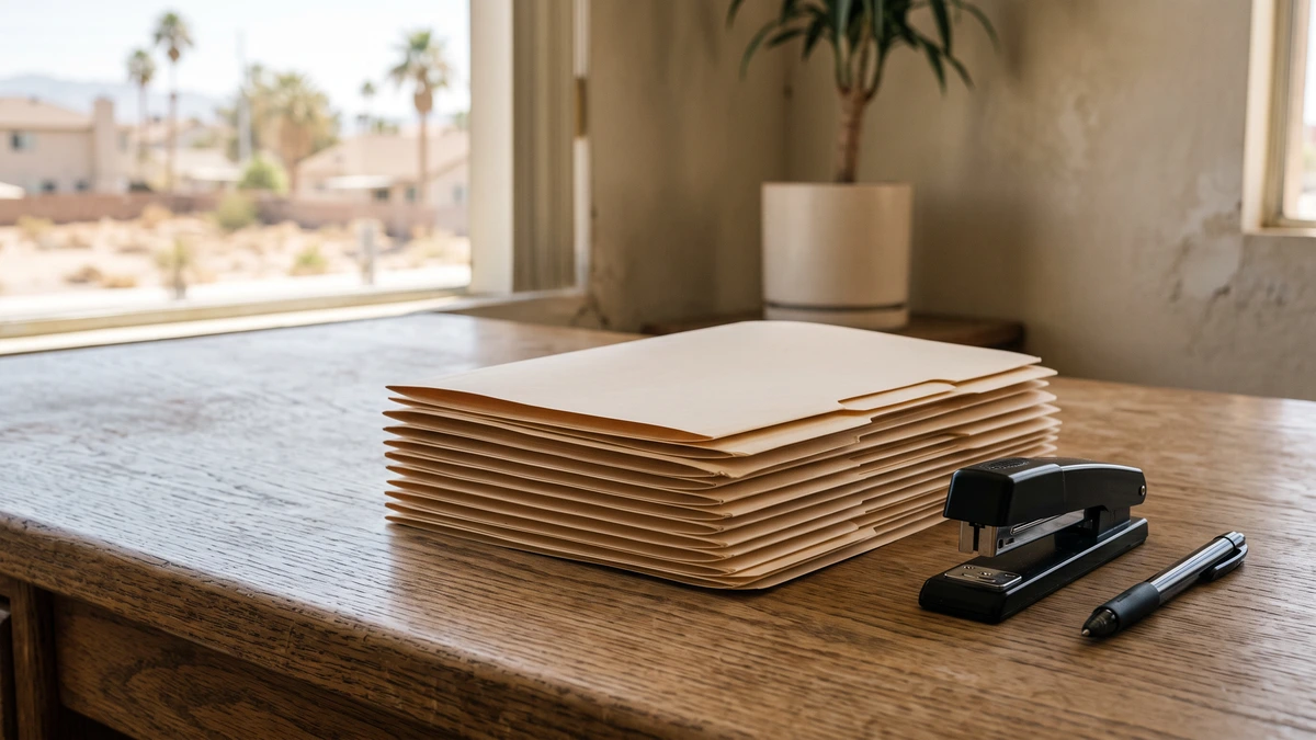A neat stack of blank folders and a stapler on an oak desk, the schedules a Chapter 13 case asks you to prepare