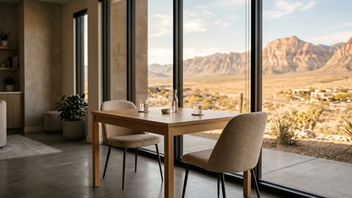 A consultation table with two chairs by a window facing desert mountains, where a Las Vegas Chapter 13 lawyer meets clients