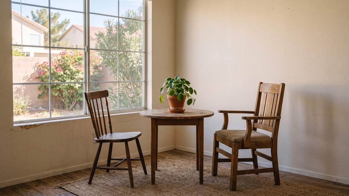 Two chairs facing each other across a small round table, the choice to file Chapter 13 in Nevada with or without a lawyer