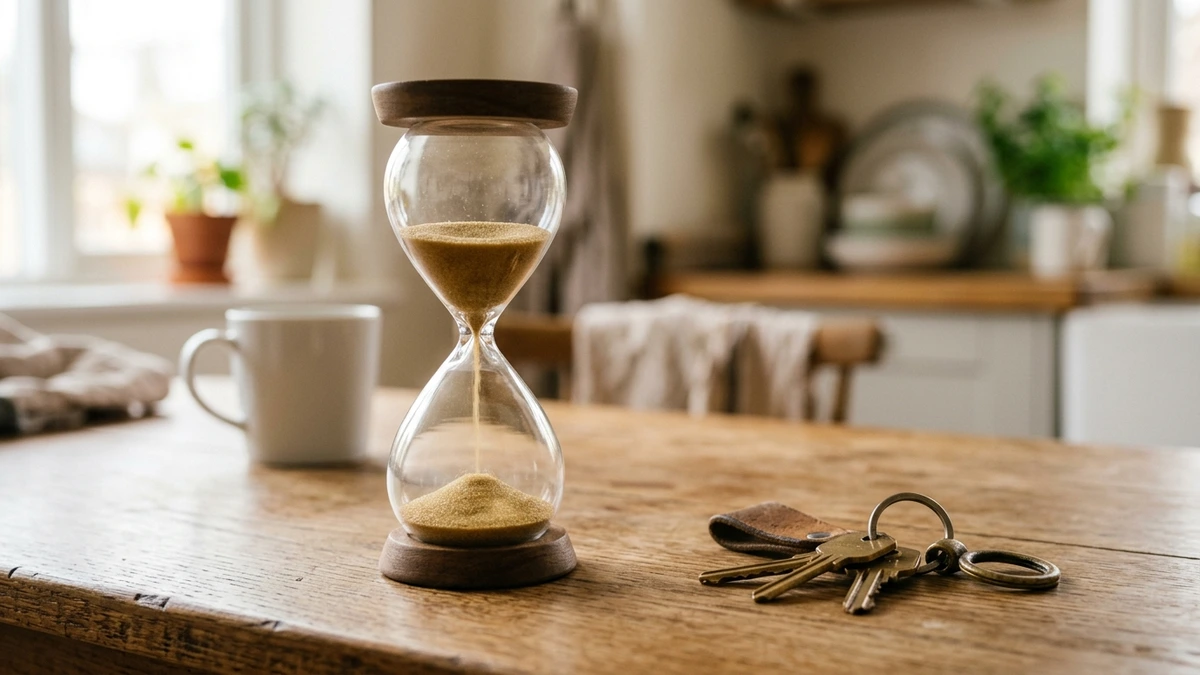 Hourglass beside house keys on a kitchen table marking the stages of the Nevada foreclosure timeline