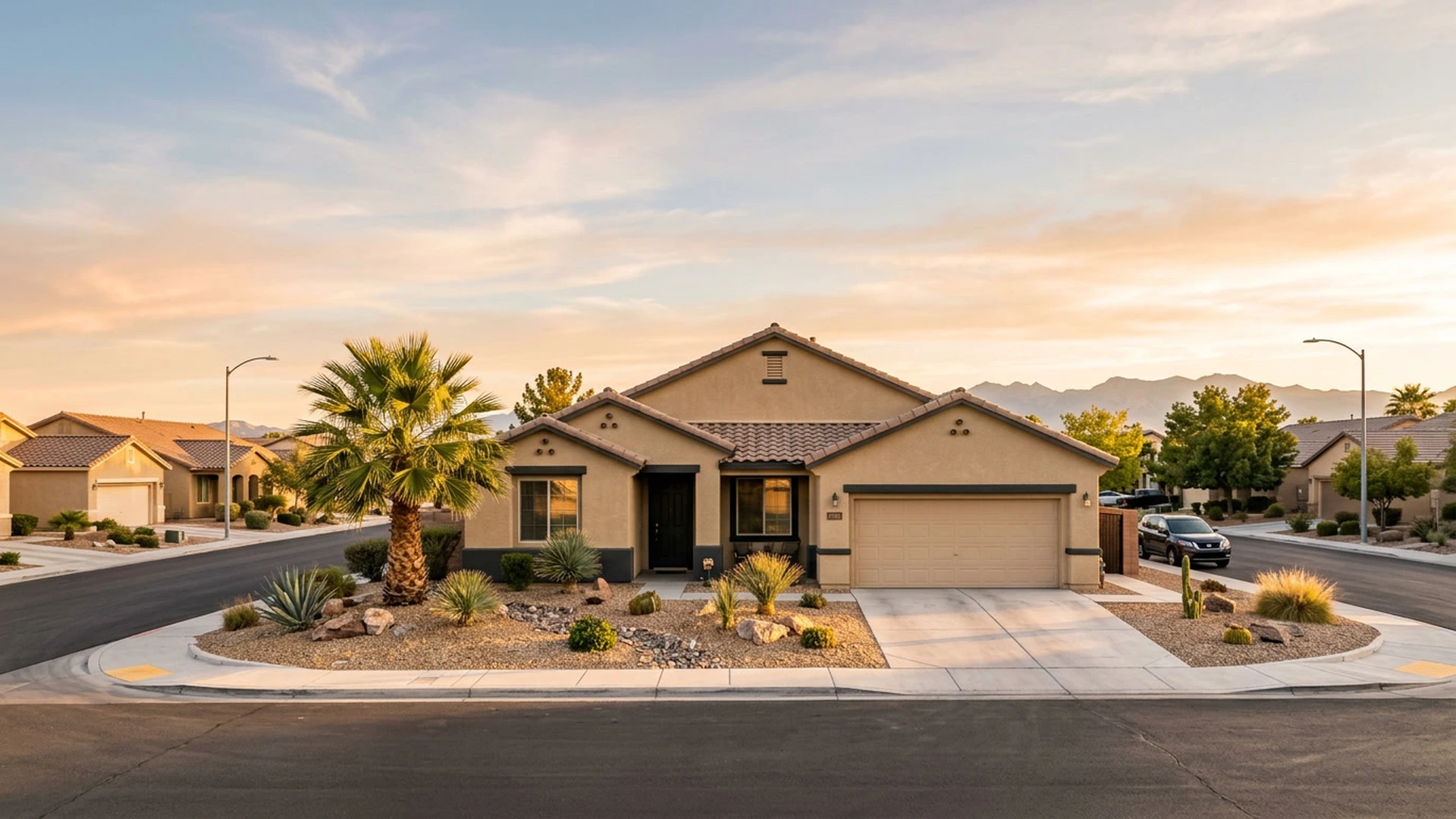 Single-story stucco home in a Las Vegas suburb at golden hour, the setting for the Nevada foreclosure timeline
