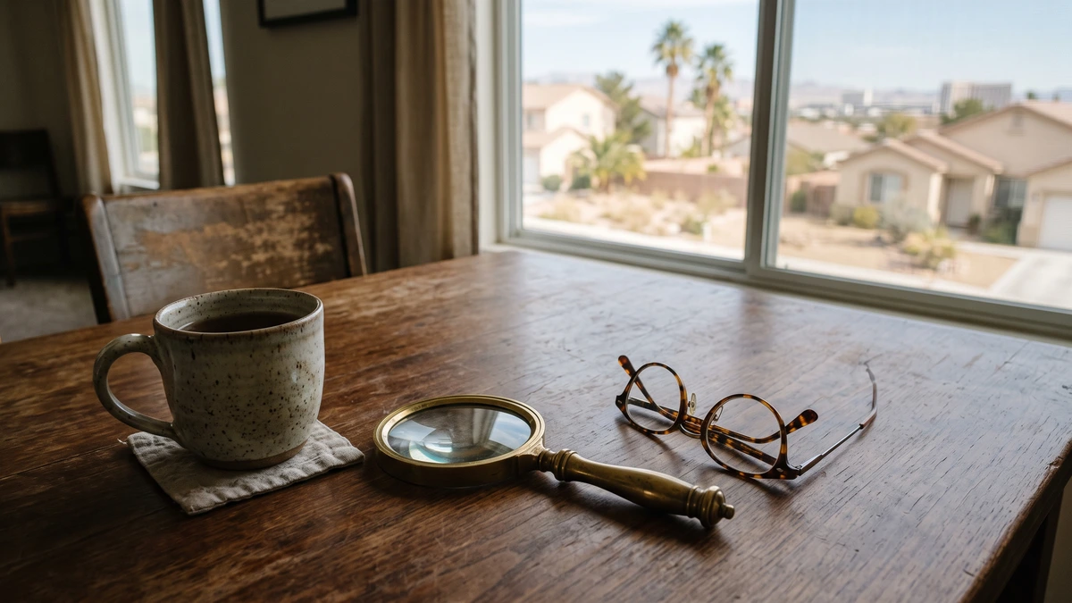 A magnifying glass on a dining table, checking a credit report for mistakes after bankruptcy