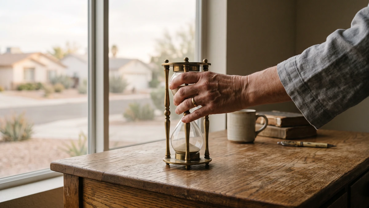 A hand turning an hourglass on an oak desk, the credit reporting clock that starts on the day you file