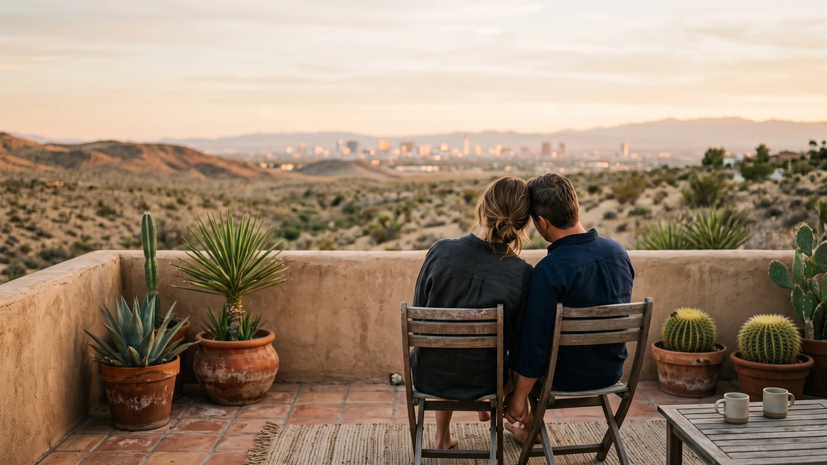 A couple on a patio at sunset in Henderson, the questions families ask about bankruptcy and credit