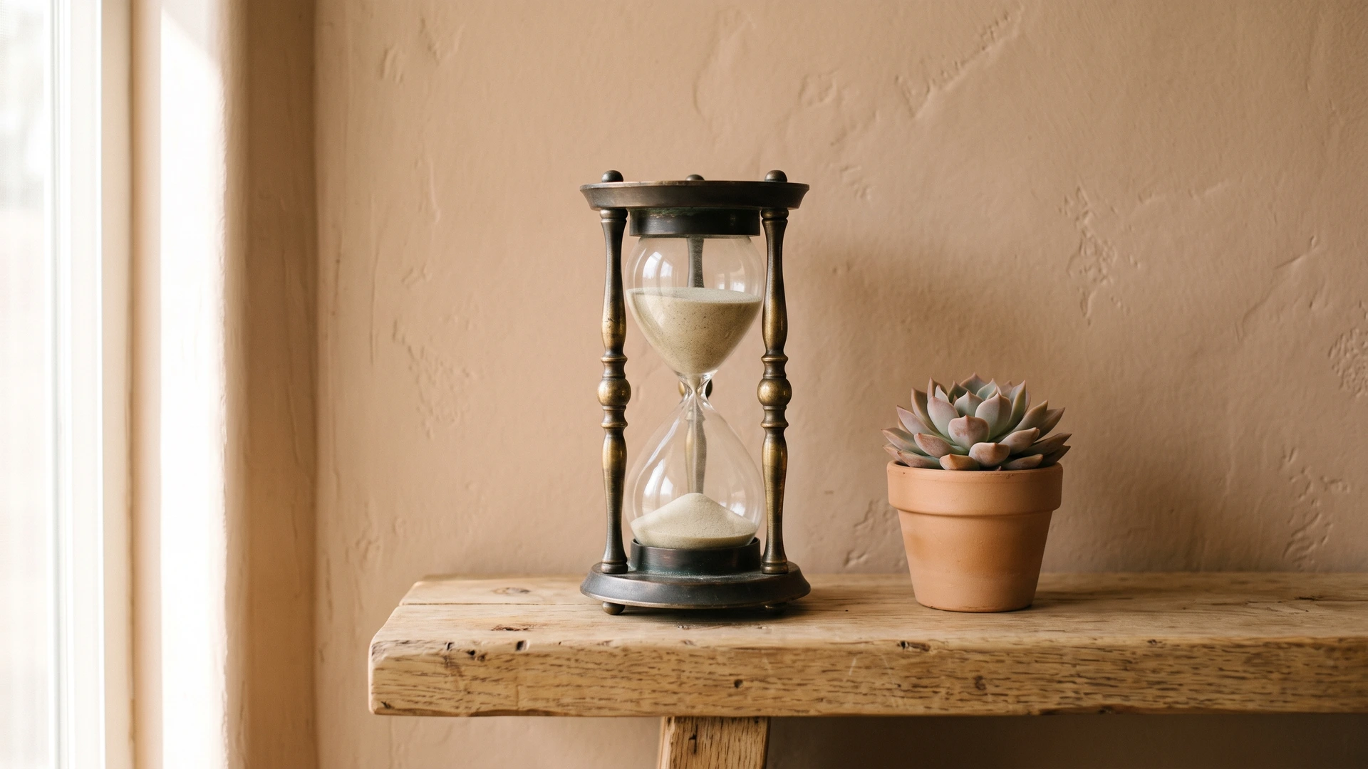 An hourglass on a sunlit shelf in a Las Vegas home, the time a bankruptcy stays on a credit report