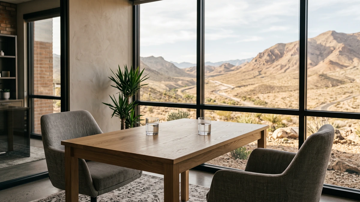 A consultation table facing the desert mountains, where a Las Vegas bankruptcy attorney meets families