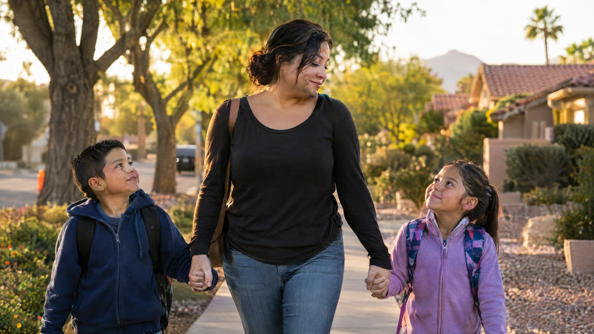 A mother walks her son and daughter to school through their Las Vegas neighborhood.