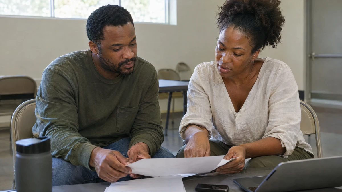 A couple reviews joint bankruptcy petition costs in an adult learning room.