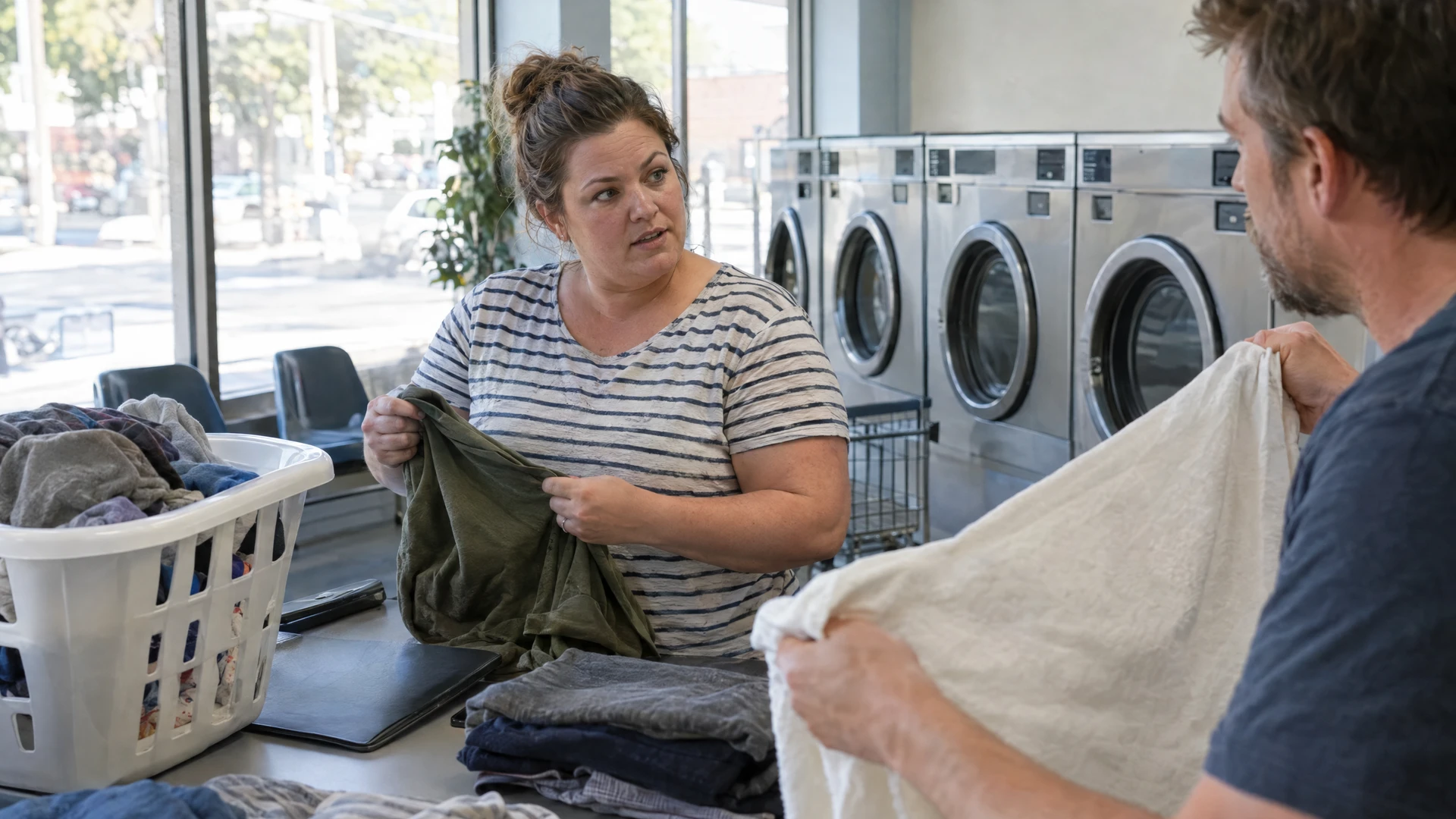A couple folds laundry while discussing bankruptcy costs and household expenses.