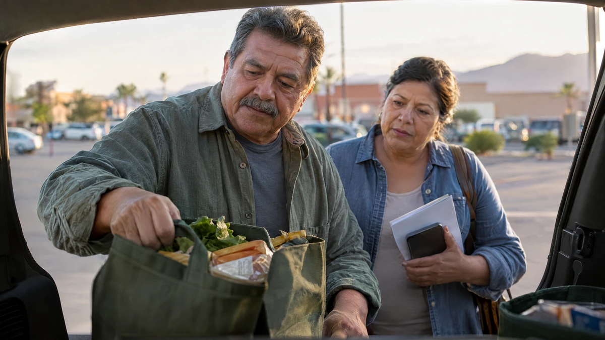 A couple loads groceries while discussing bankruptcy costs beyond the filing charge.