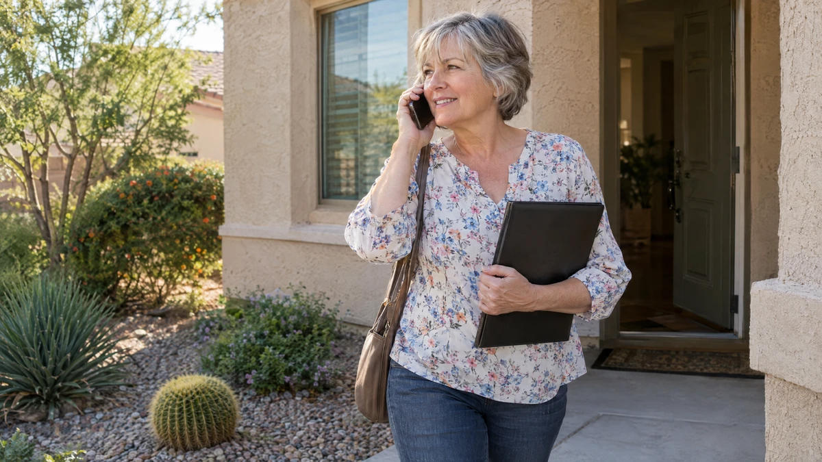 A woman steps outside with a folder to call about bankruptcy costs and payment arrangements.