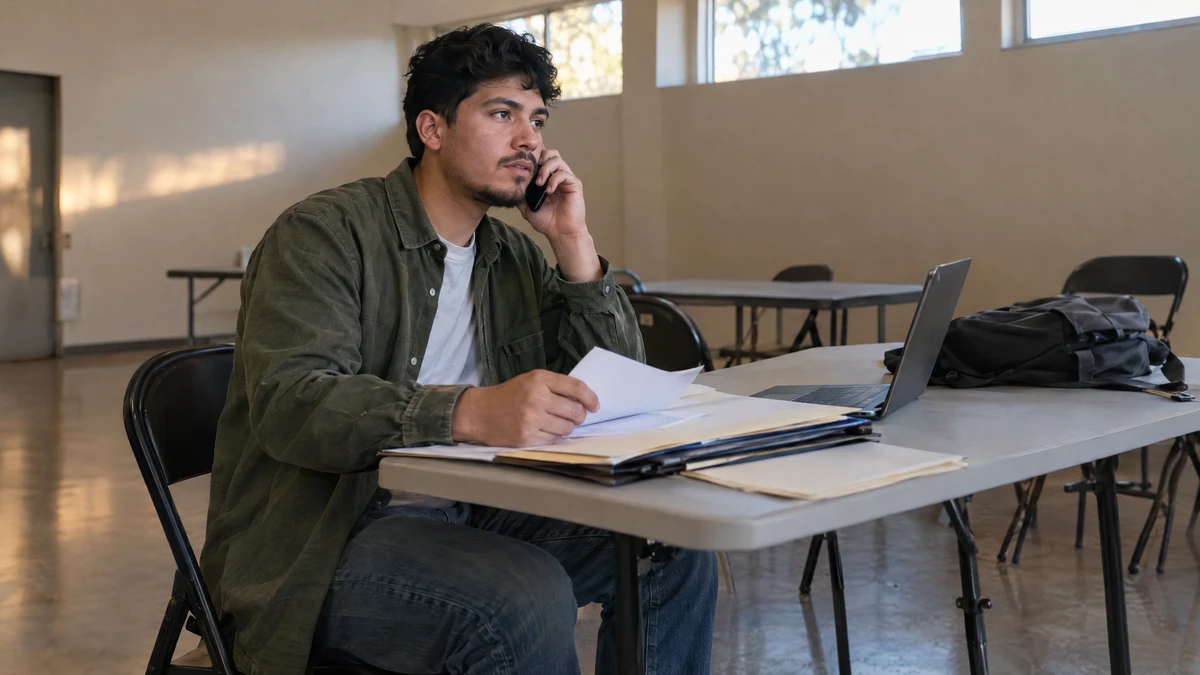 A man organizes records while calling about a repayment plan modification.