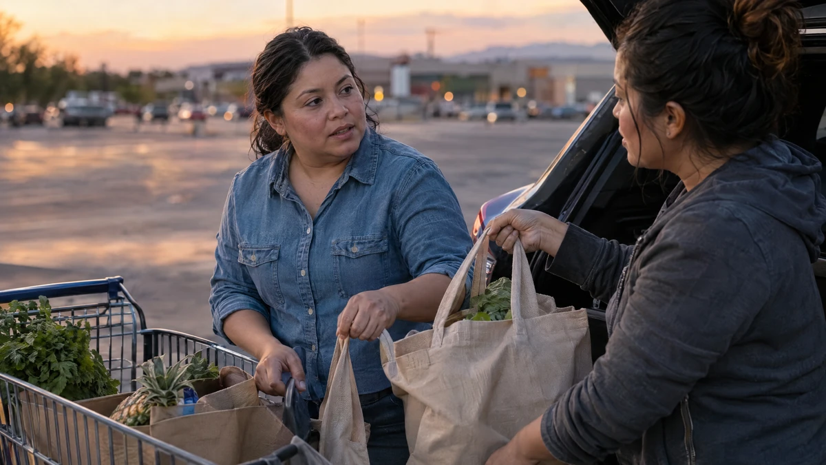A woman and her sister load groceries while discussing household costs and a repayment plan payoff.