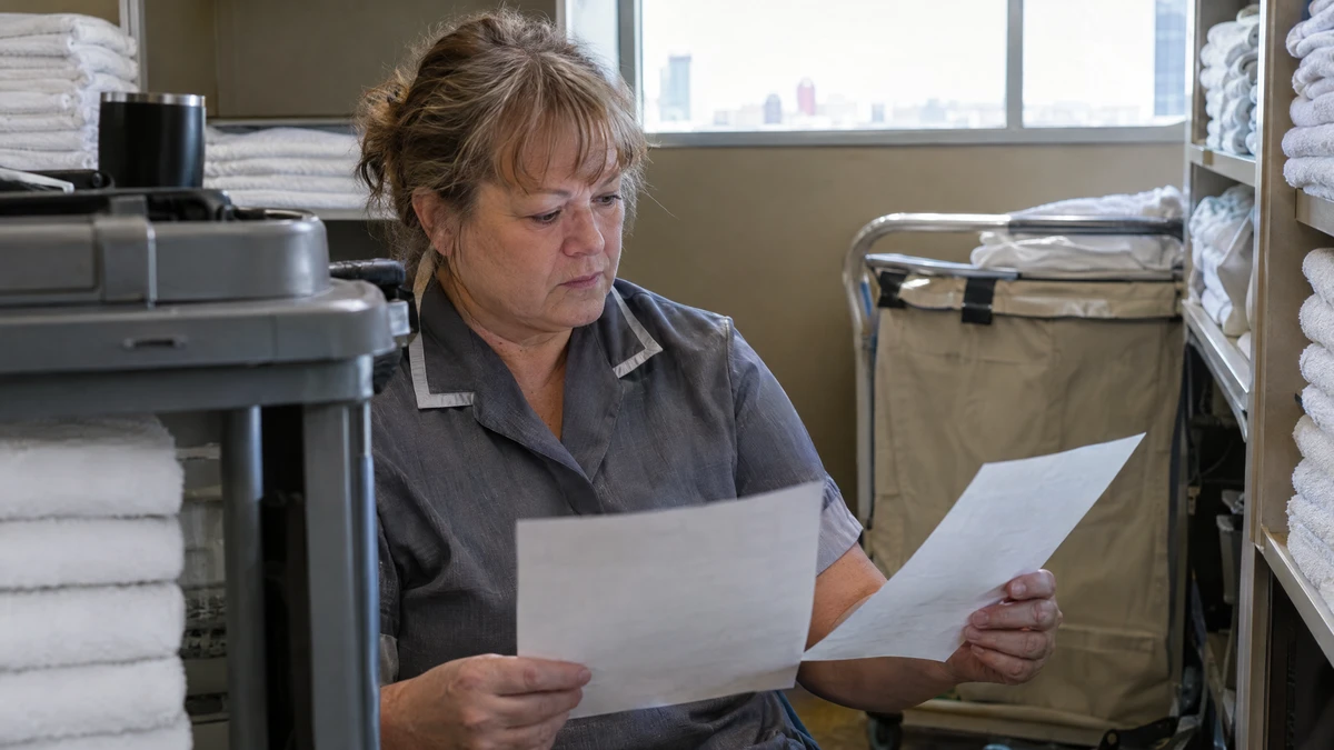 A housekeeper compares pay records before discussing money for a repayment plan payoff.