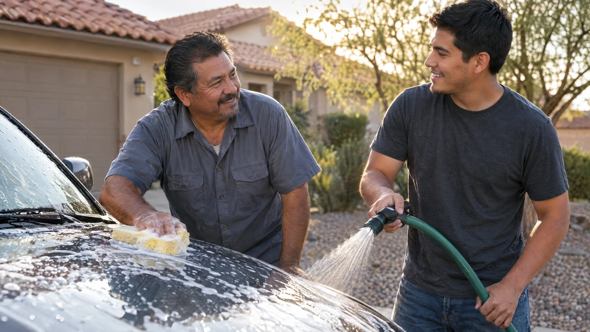 A father and his adult son wash the family car in the driveway of their Las Vegas home.