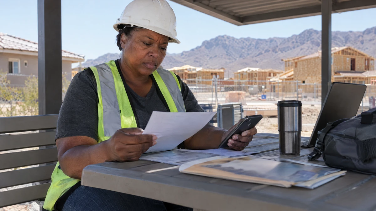 A construction worker compares a job offer and pay records with her bankruptcy petition history.