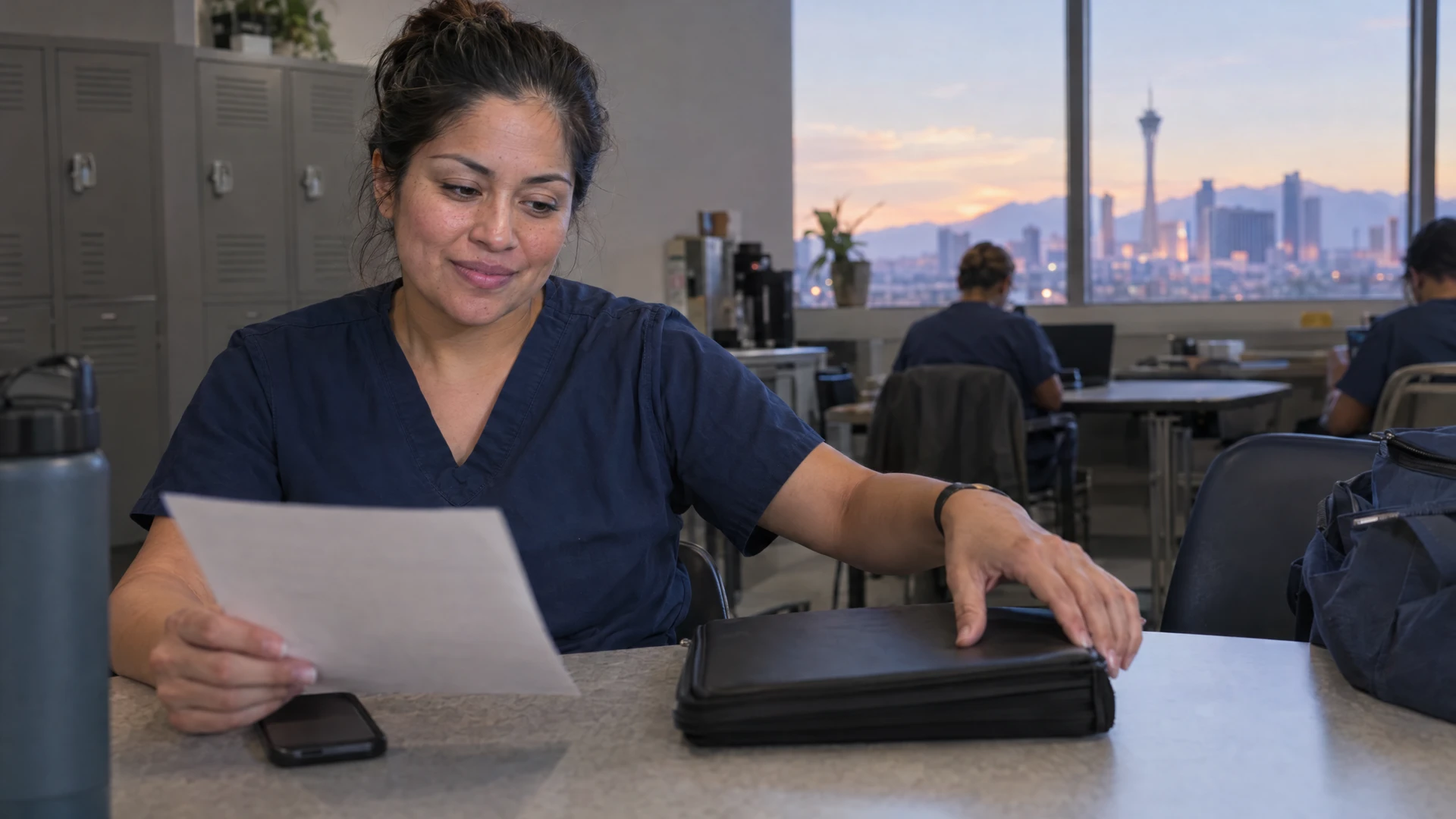 A nurse reviews higher pay and personal bankruptcy estate questions during a break.