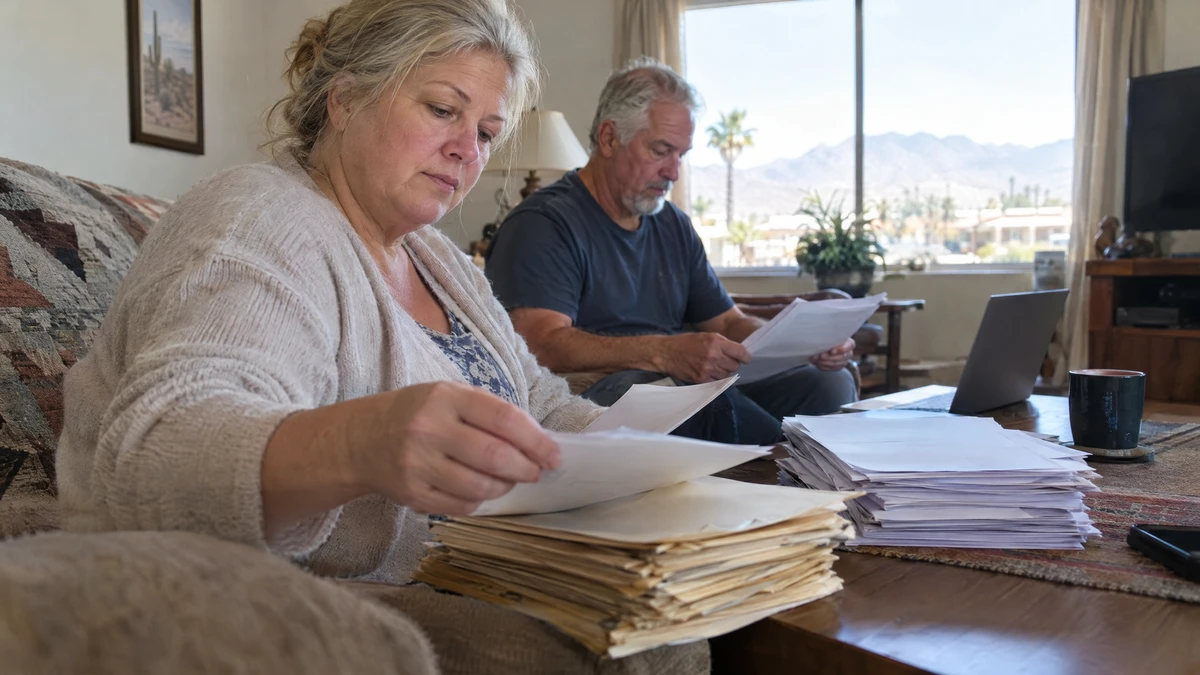 A couple sorts household earnings records for a means test discussion.