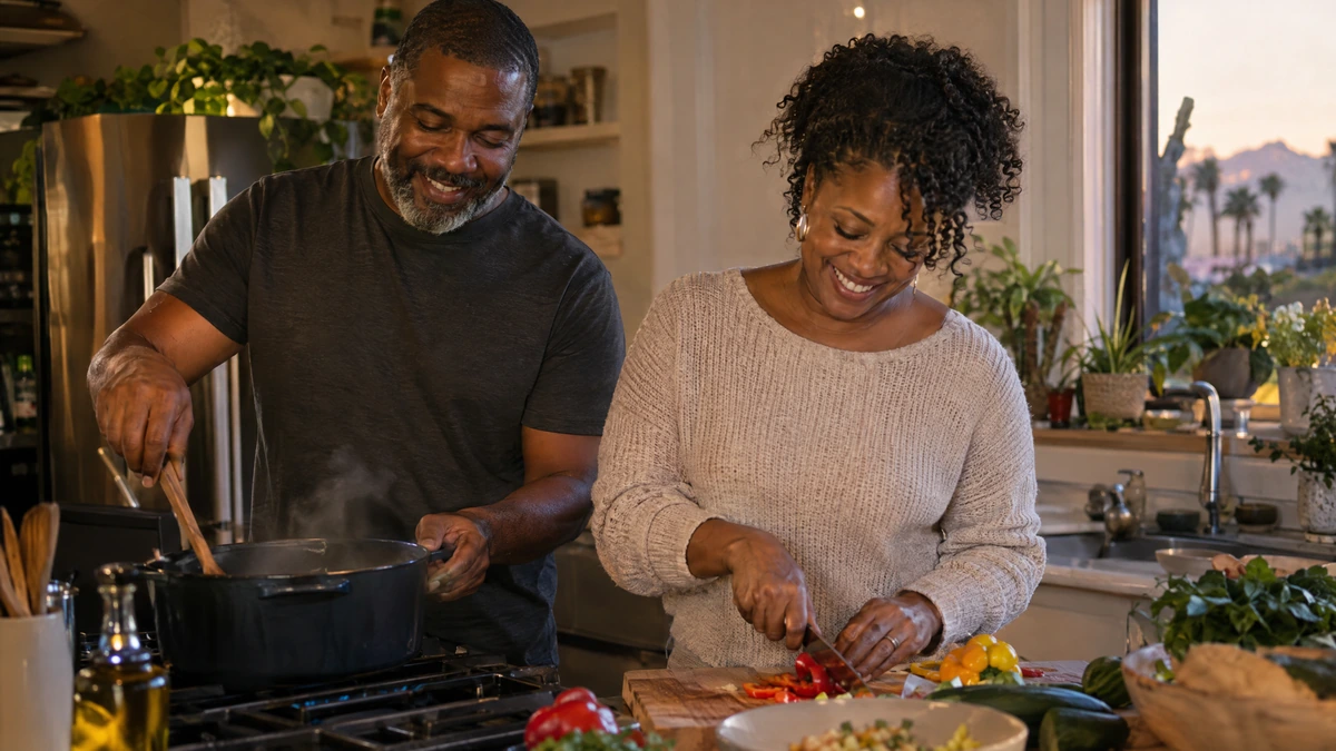 A couple cooks dinner together at home while they sort out a loan modification.