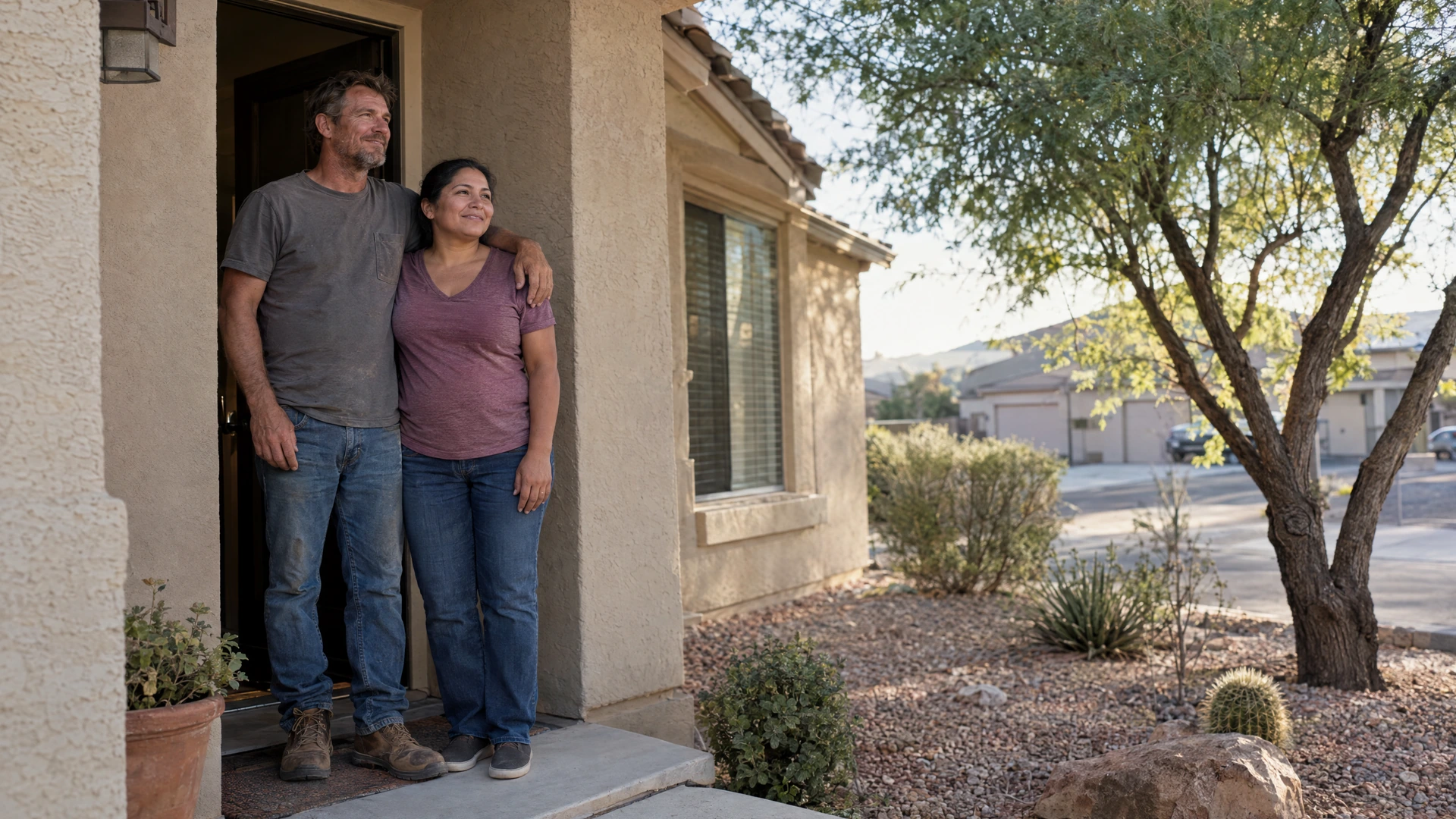 A couple stands in the doorway of their Las Vegas home after working out a loan modification.