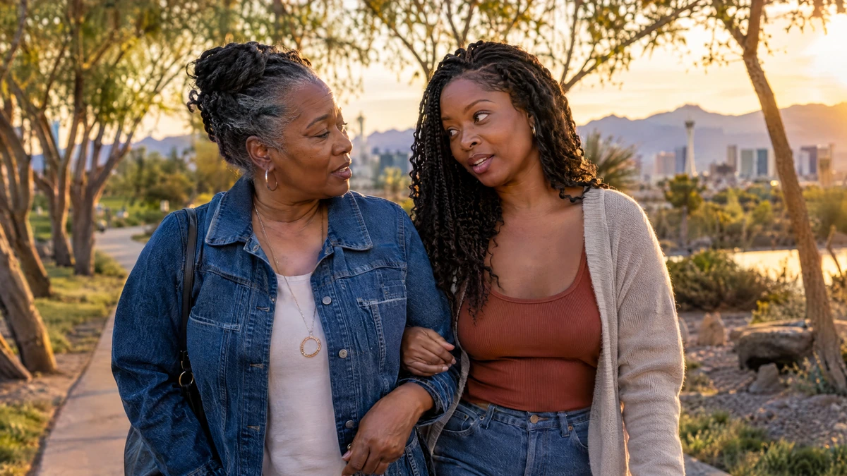A mother and her adult daughter talk through loan modification options on a walk in a Las Vegas park.