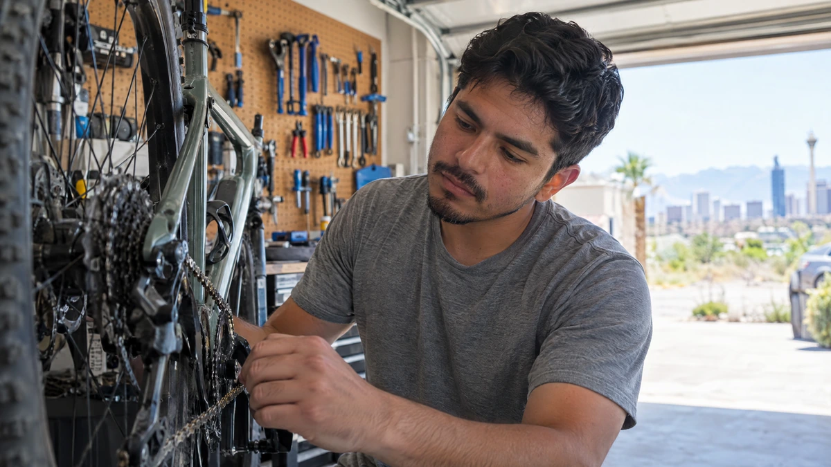 A young man works on his bicycle in his garage while thinking through his loan modification questions.