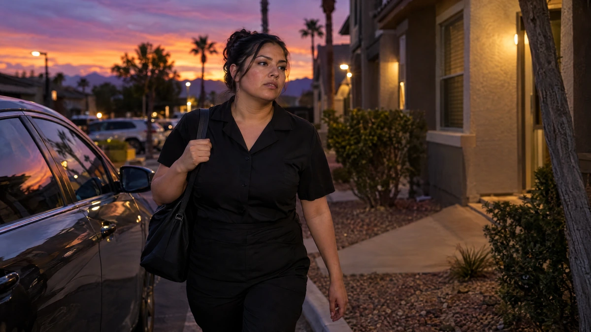 A woman walks home after a late restaurant shift, worried about falling behind on her mortgage.