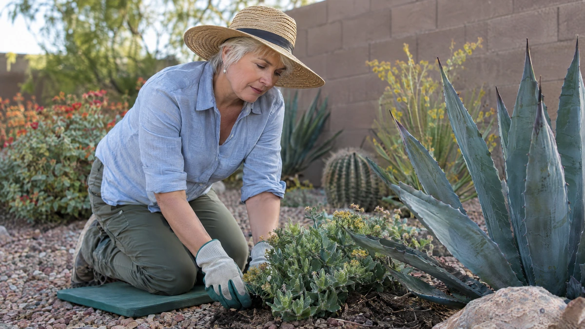 A woman tends her backyard desert garden while she weighs forbearance against a loan modification.